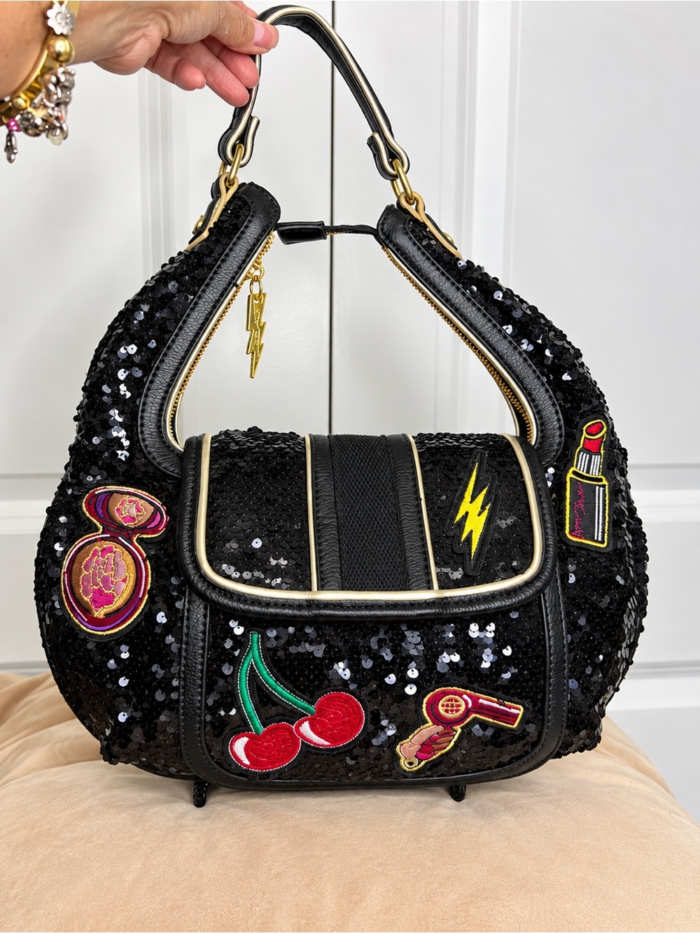 Betsey Johnson Black Sequin Hobo Bag Y2K Patches Gold Hardware Small